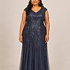 Navy glitter embroidered gown with a soft trumpet tulle skirt, V-neckline and cap sleeves, front view, worn by a plus-size mother of the bride