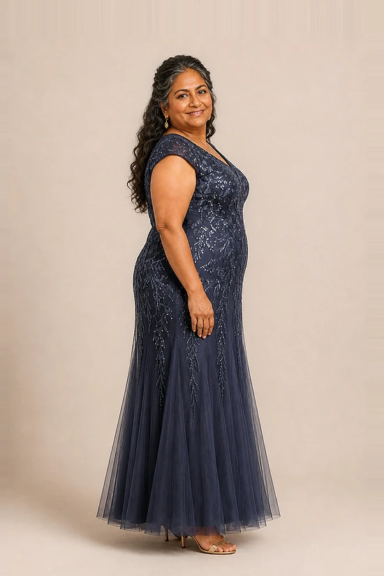 Side view of the navy glitter embroidered gown showing the cap sleeve and the soft trumpet tulle skirt, worn by a plus-size mother of the bride