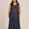 Navy glitter embroidered gown with a soft trumpet tulle skirt, V-neckline and cap sleeves, front view, worn by a plus-size mother of the bride