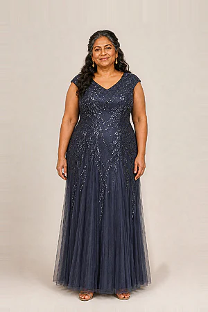 Sylvie Glitter Embroidered Navy Gown Soft Sparkle with Gentle Coverage by Dressology
