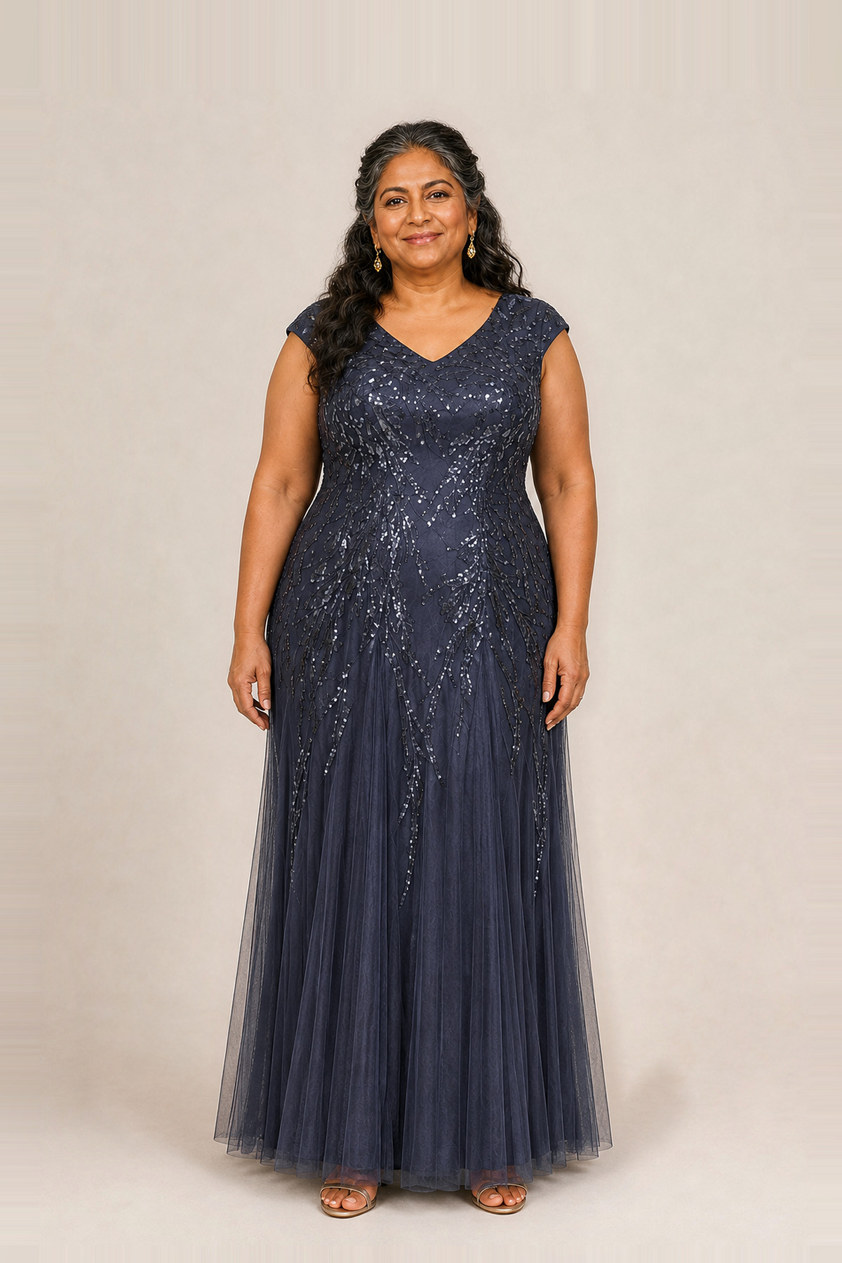 Sylvie Glitter Embroidered Navy Gown Soft Sparkle with Gentle Coverage by Dressology