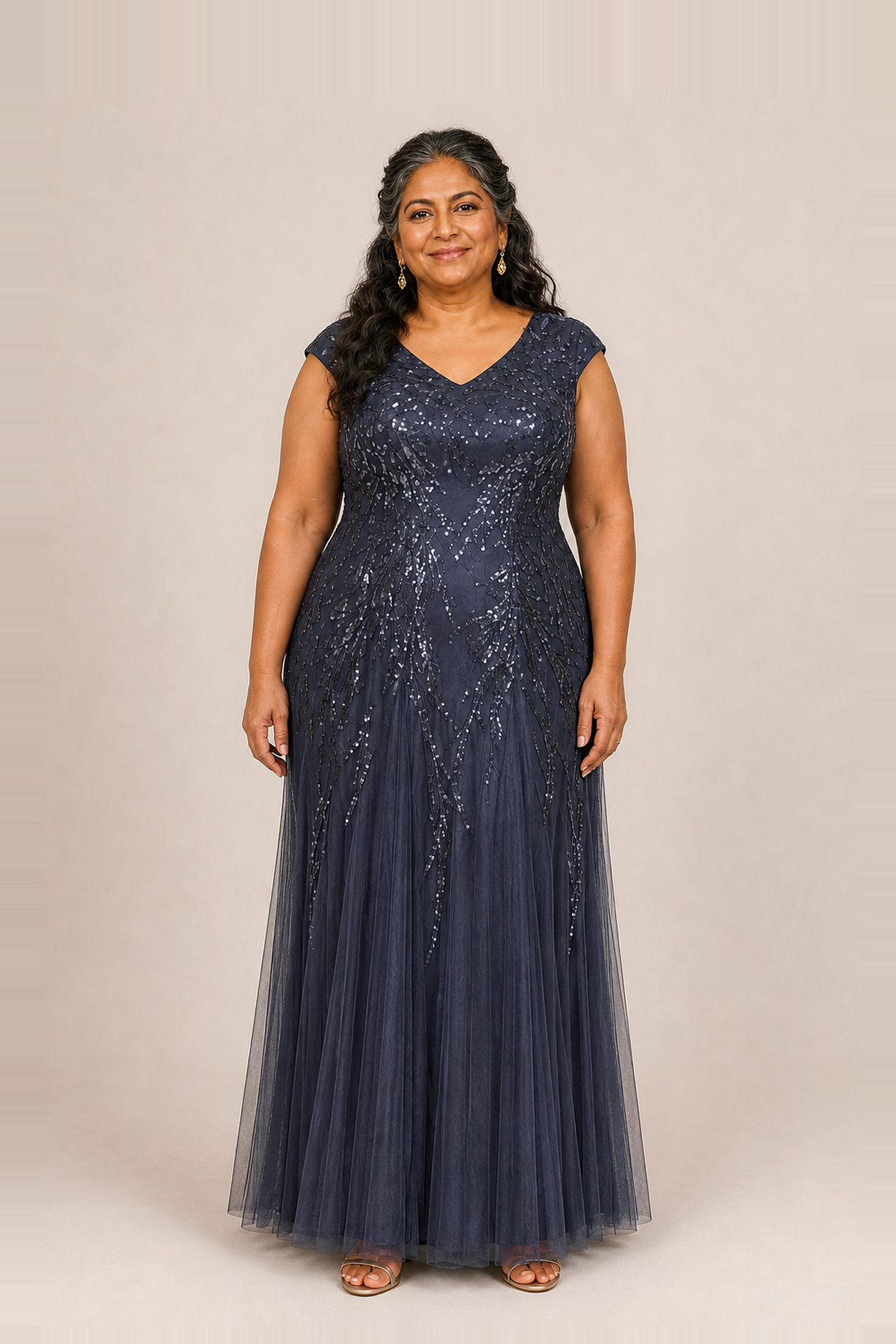 Sylvie Glitter Embroidered Navy Gown Soft Sparkle with Gentle Coverage by Dressology