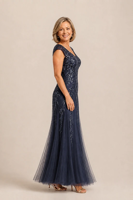 Side view of the navy glitter embroidered gown showing the cap sleeve and the soft trumpet tulle skirt, worn by a mother of the bride