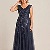Navy glitter embroidered gown with a soft trumpet tulle skirt, V-neckline and cap sleeves, front view, worn by a mother of the bride