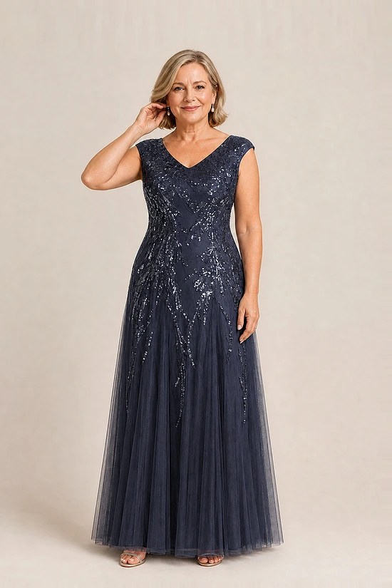 Navy glitter embroidered gown with a soft trumpet tulle skirt, V-neckline and cap sleeves, front view, worn by a mother of the bride