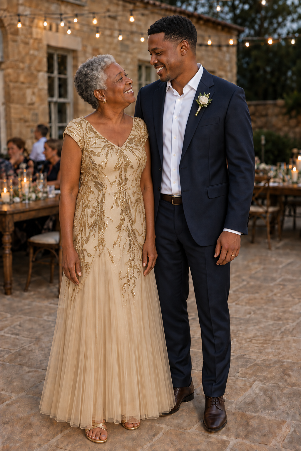 Mother and groom at an outdoor wedding, wearing the Sylvie Gold gown by Dressology