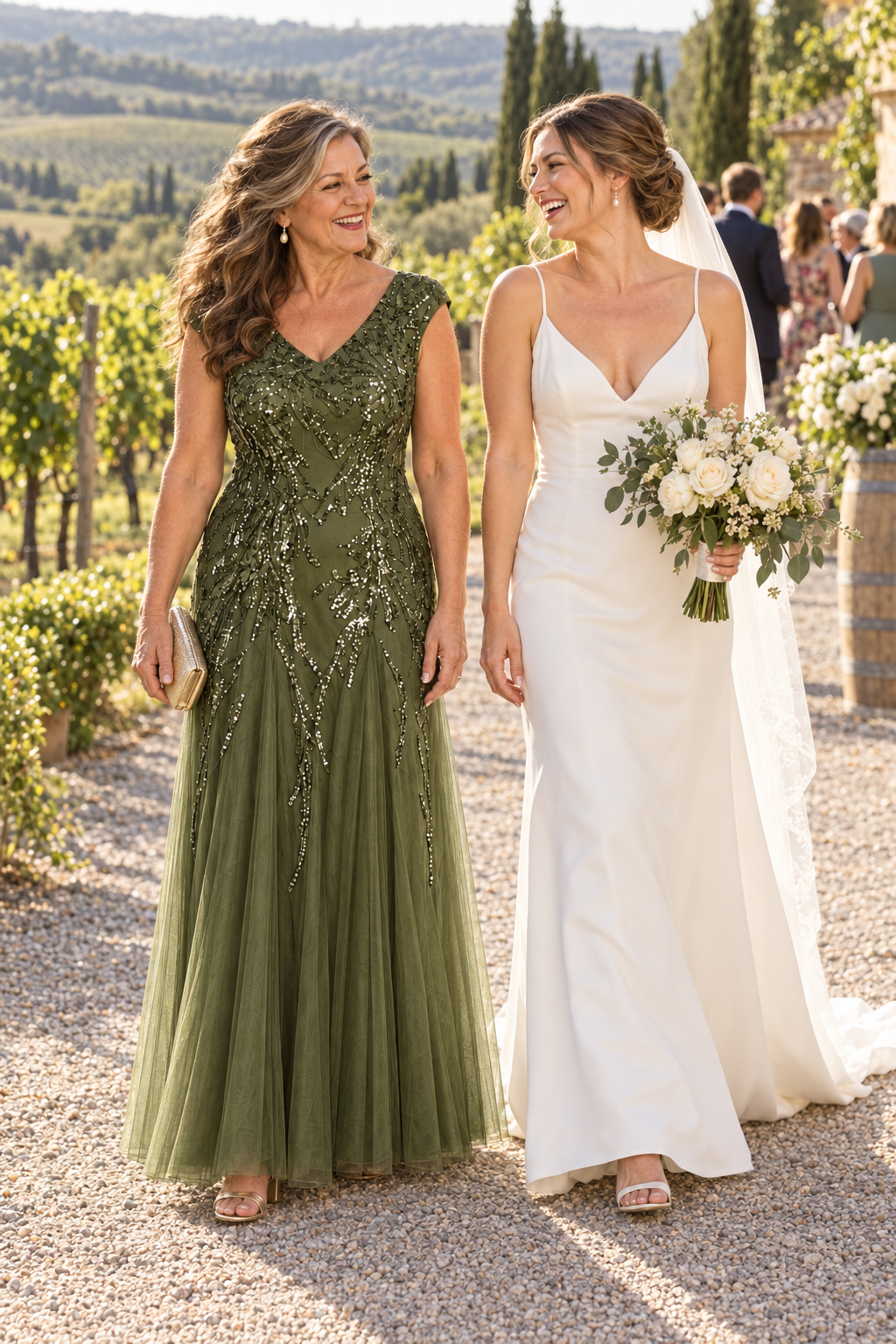 Mother with her adult child at a wedding, wearing the Sylvie Olive gown by Dressology