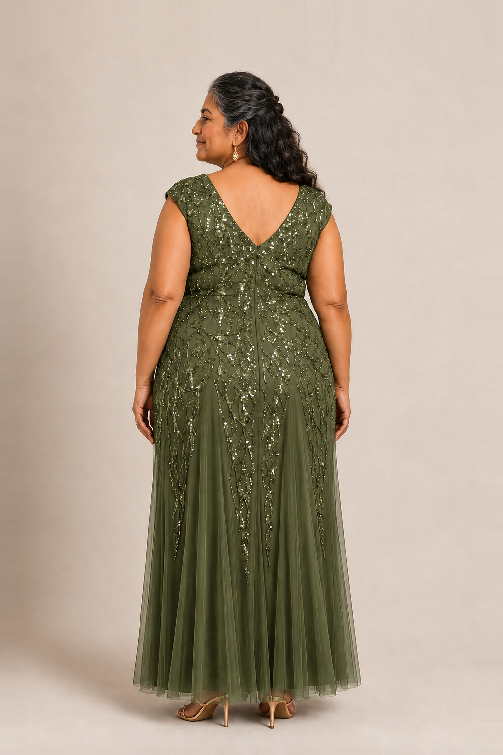 Sylvie glitter embroidered Olive gown by Dressology — plus back view