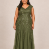 Sylvie glitter embroidered Olive gown by Dressology — plus front view