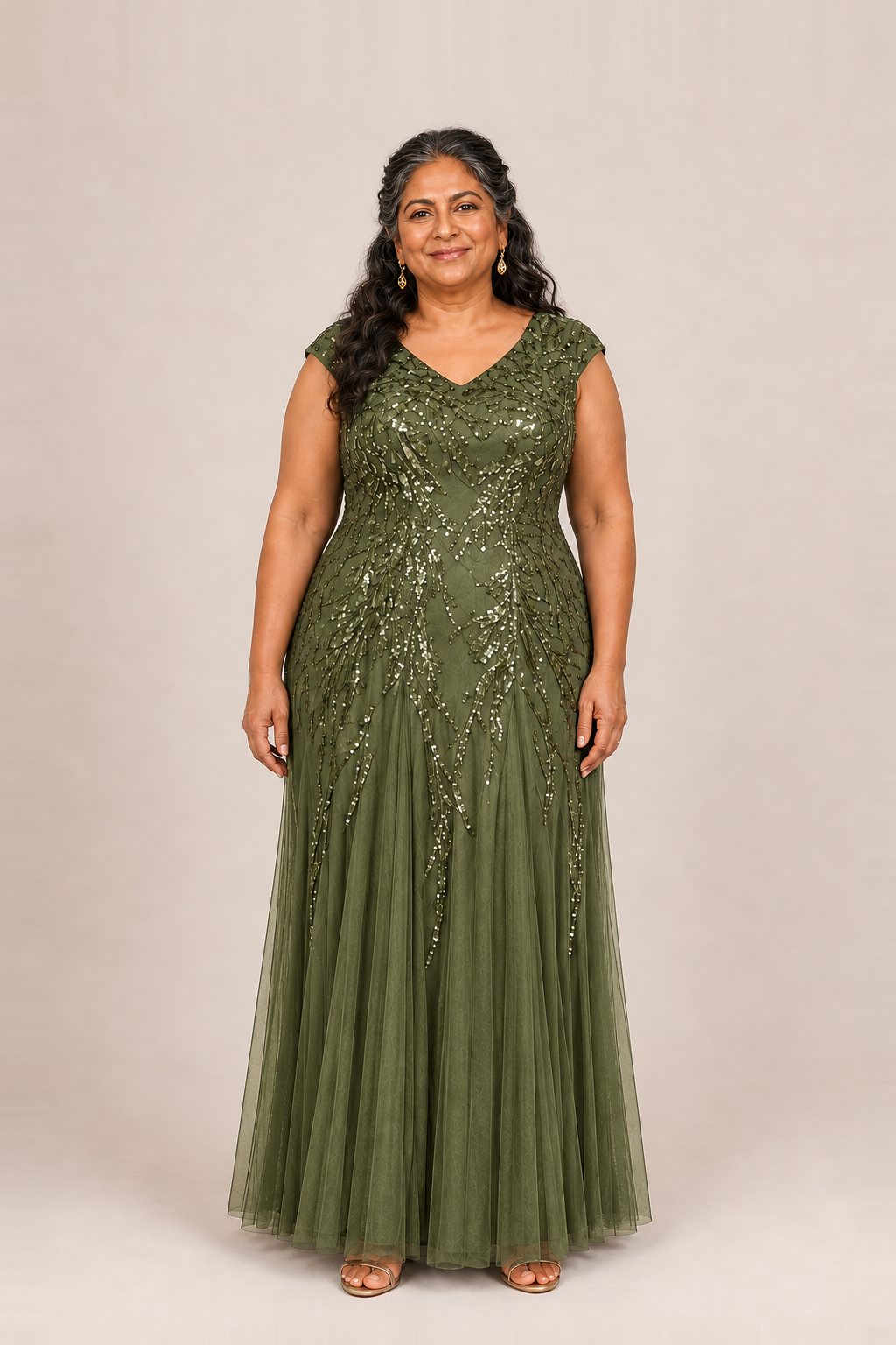 Sylvie glitter embroidered Olive gown by Dressology — plus front view