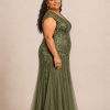 Sylvie glitter embroidered Olive gown by Dressology — plus side view