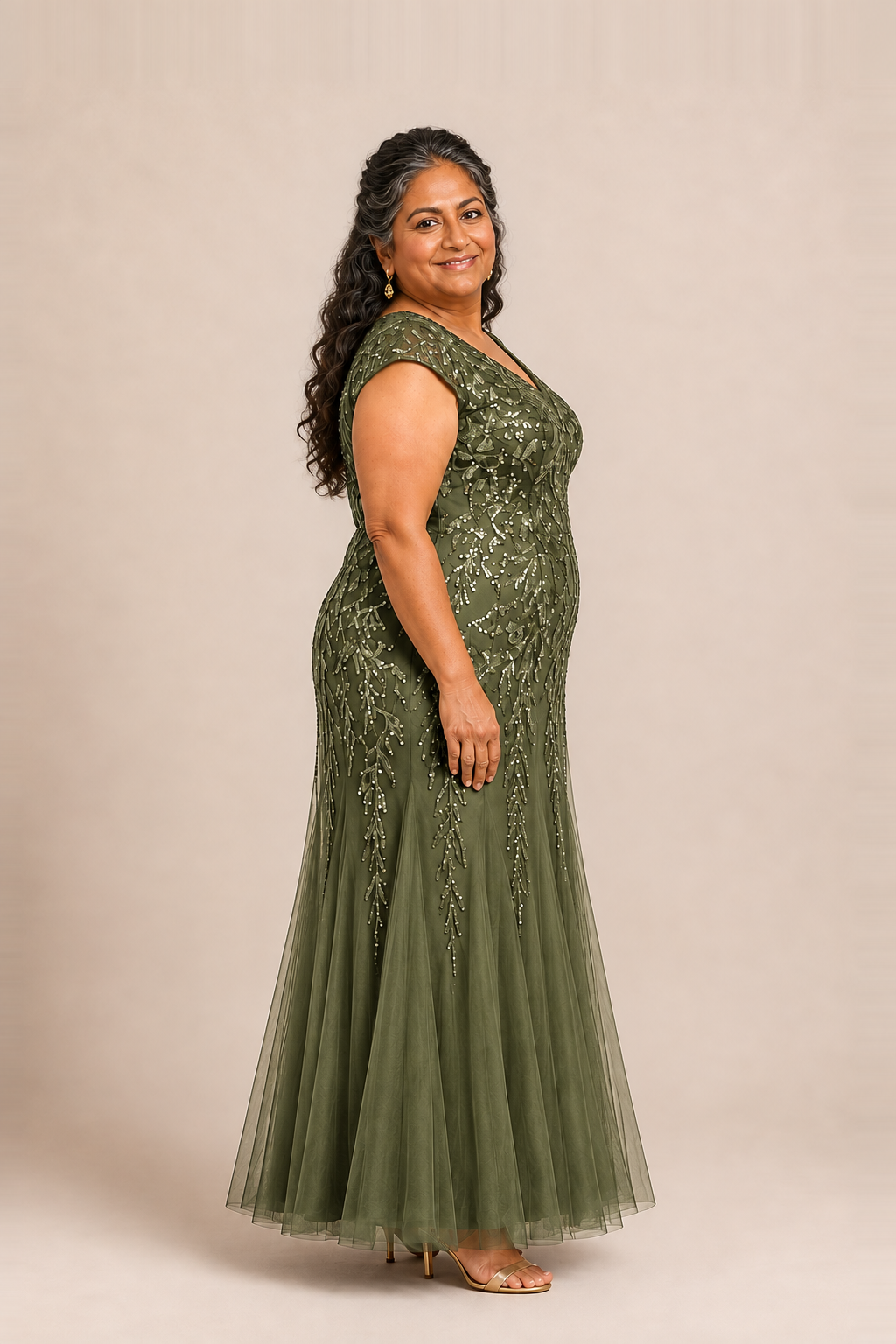 Sylvie glitter embroidered Olive gown by Dressology — plus side view