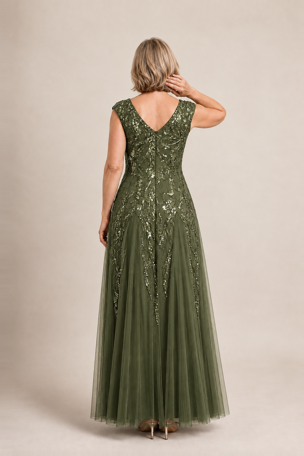 Sylvie glitter embroidered Olive gown by Dressology — regular back view