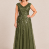 Sylvie glitter embroidered Olive gown by Dressology — regular model front view