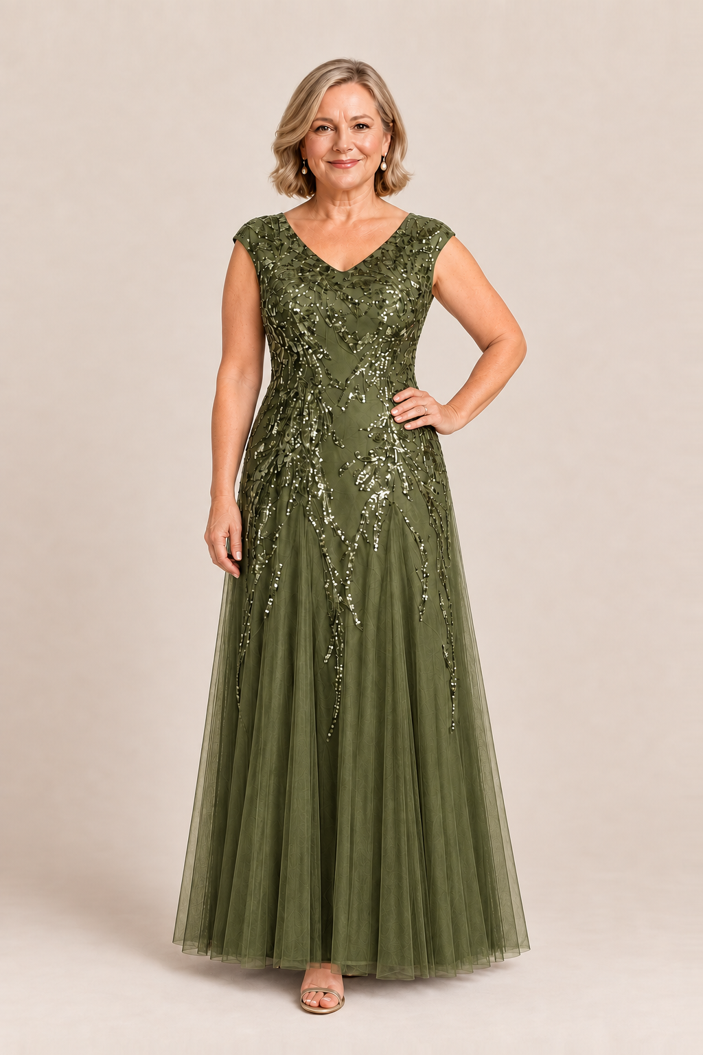 Sylvie Glitter Embroidered Olive Gown Soft Sparkle with Gentle Coverage by Dressology