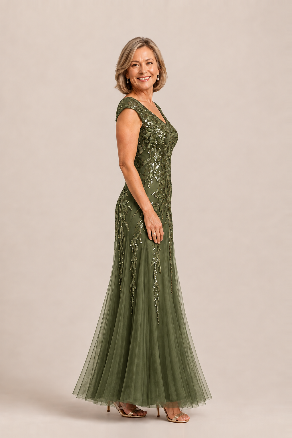 Sylvie glitter embroidered Olive gown by Dressology — regular side view