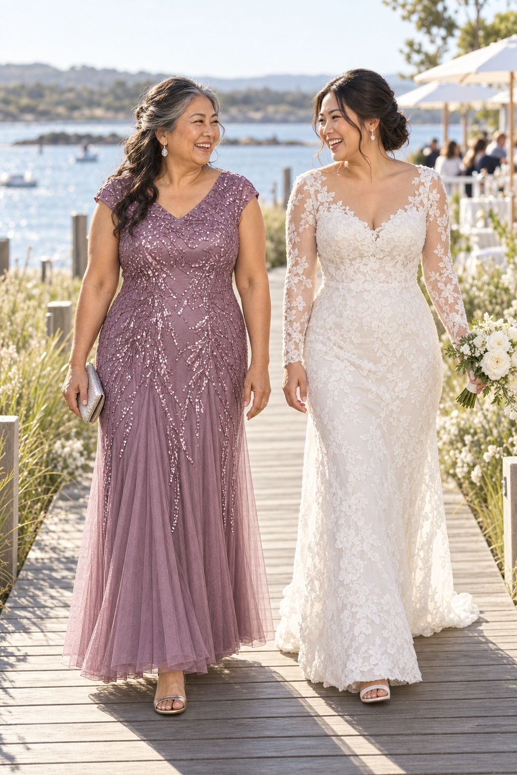 Mother with her adult child at a wedding, wearing the Sylvie Purple Orchid gown by Dressology