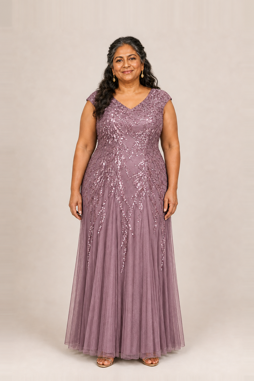 Sylvie glitter embroidered Purple Orchid gown by Dressology — plus front view