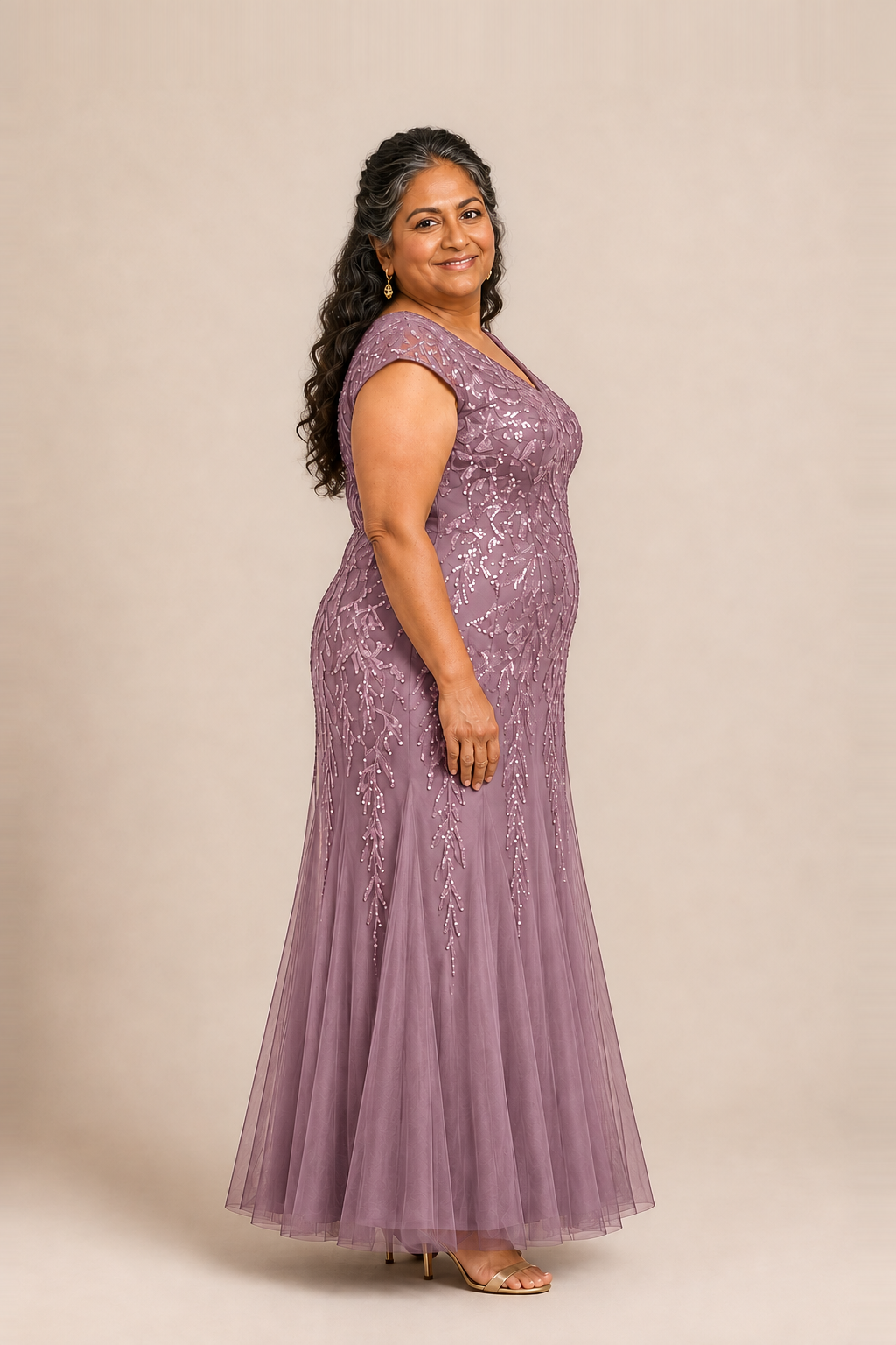 Sylvie glitter embroidered Purple Orchid gown by Dressology — plus side view