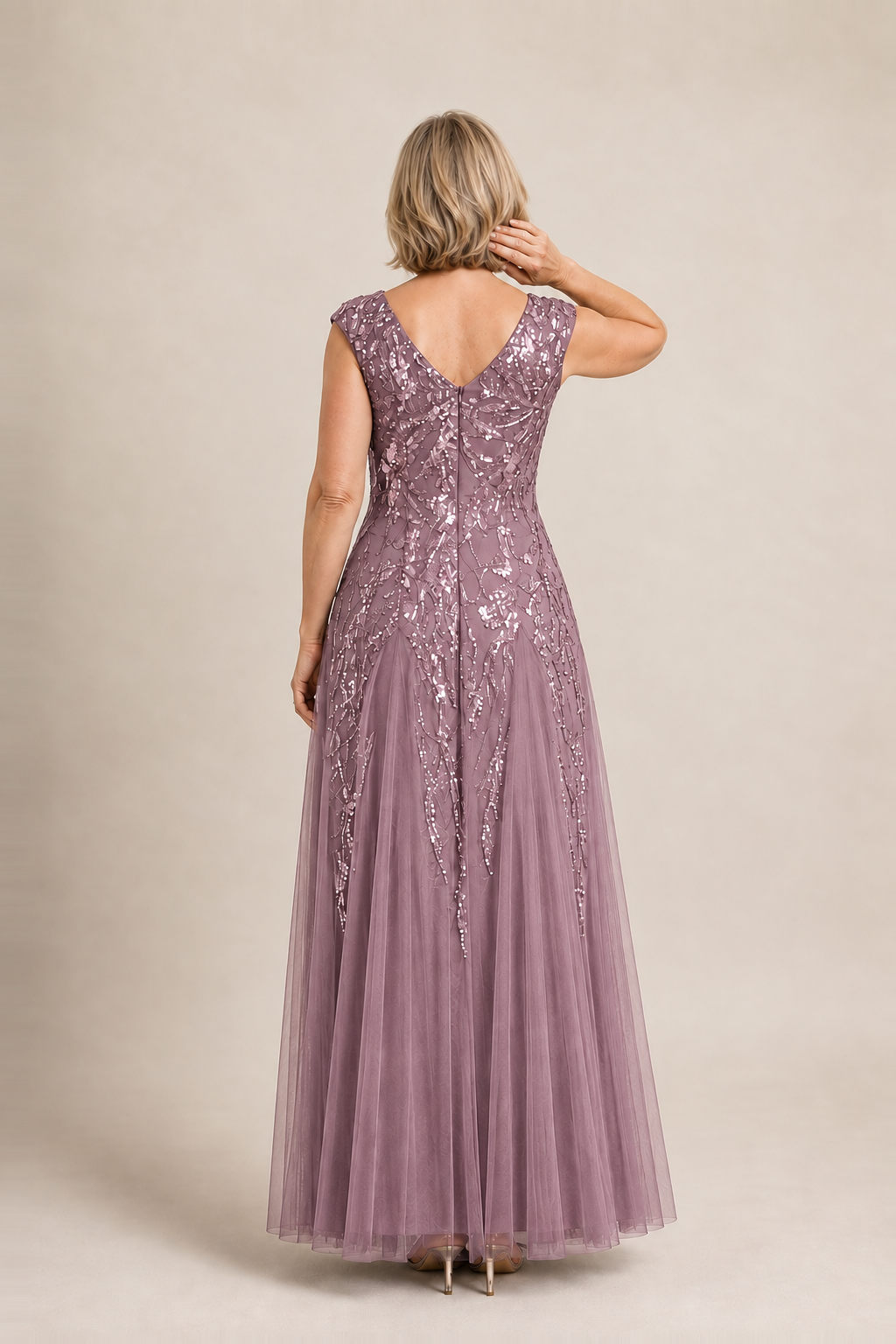 Sylvie glitter embroidered Purple Orchid gown by Dressology — regular back view