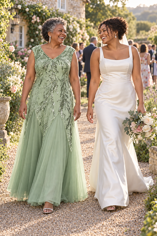 Sylvie Sage Green embroidered gown by Dressology, candid
