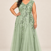 Sylvie Sage Green embroidered gown by Dressology, plus front