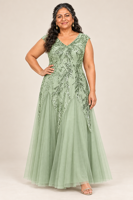 Sylvie Sage Green embroidered gown by Dressology, plus front