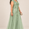 Sylvie Sage Green embroidered gown by Dressology, plus side