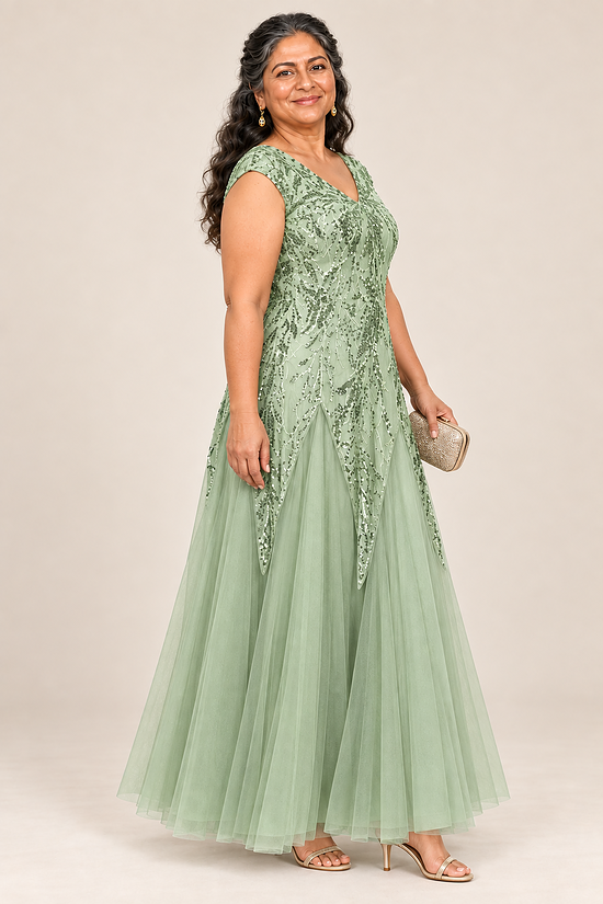 Sylvie Sage Green embroidered gown by Dressology, plus side