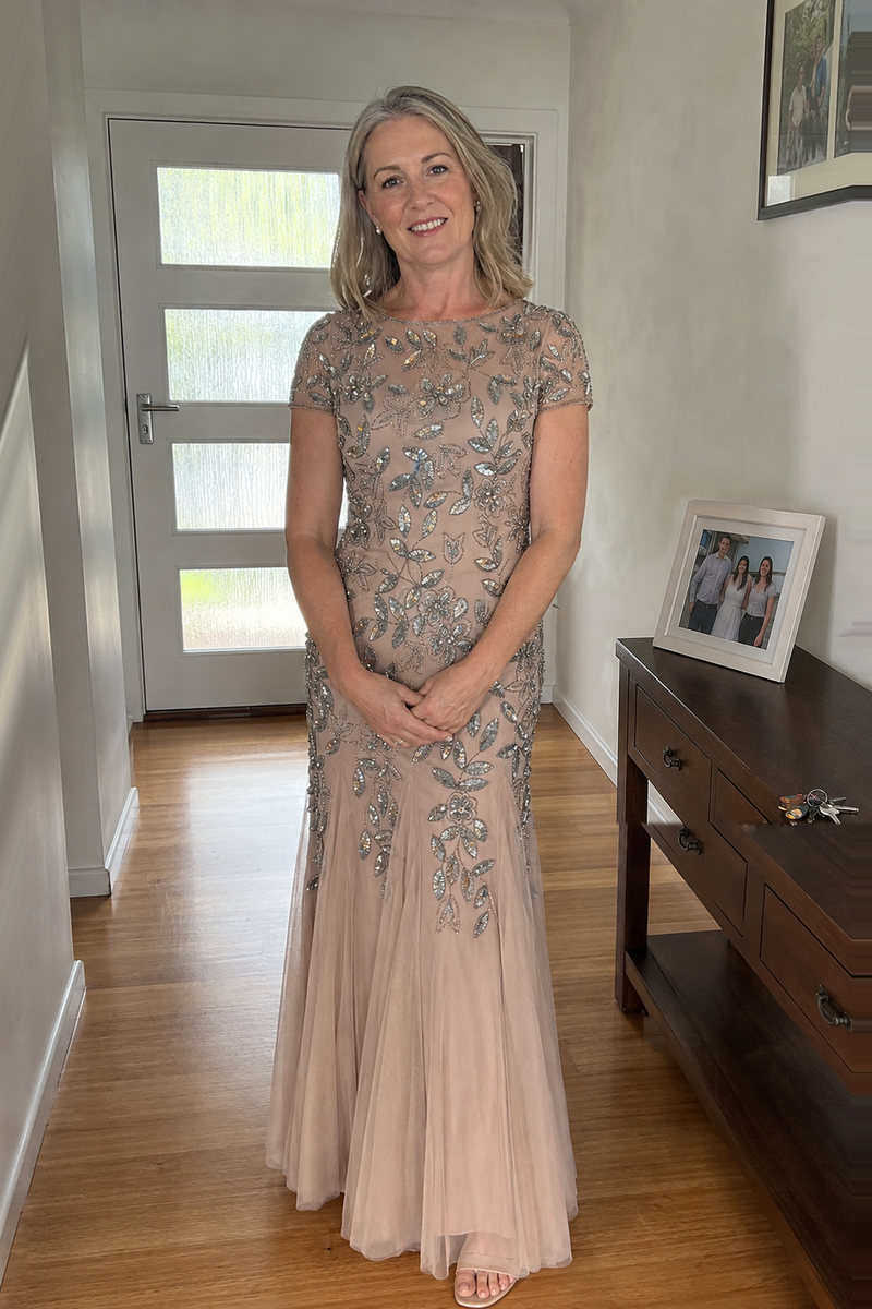 Julia gown in Taupe Pink by Adrianna Papell — styled at home